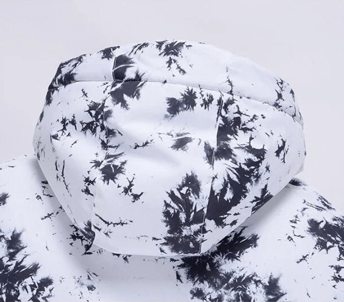 Back view of windproof thickened women's ski jacket with hood, SF1763, featuring a stylish black and white pattern.